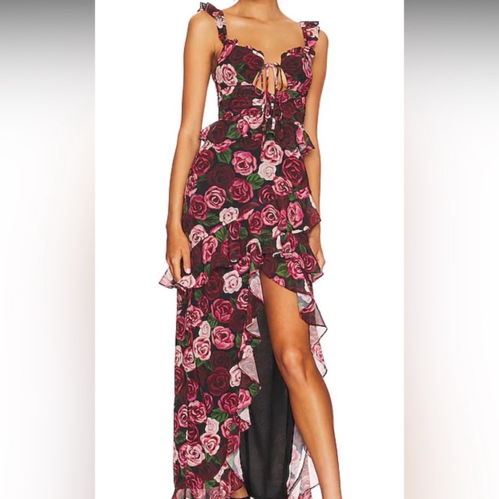 MAJORELLE Pink and Red Asymmetrical Ruffled Maxi Dress